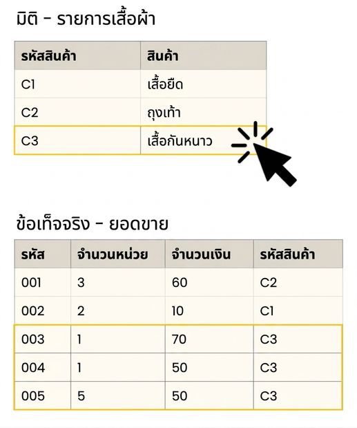 มุมมองรายละเอียดของตาราง fact และ Clothing Item Dimension
