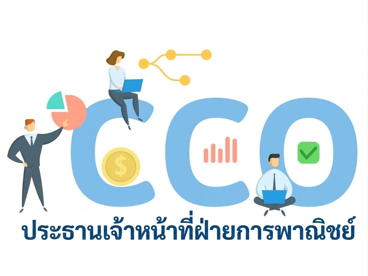 ภาพการ์ตูนตัวอักษร CCO พร้อมกราฟิกและผู้คนรายรอบ
