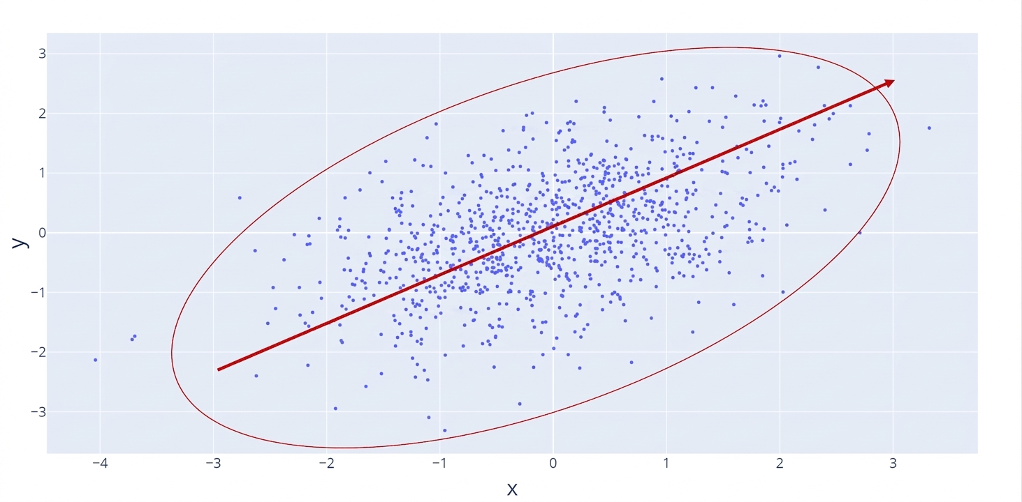 กราฟ scatter plot ที่มีเส้นสีแดงแสดงความสัมพันธ์เชิงบวกที่เพิ่มขึ้น วงกลมสีแดงไฮไลต์จุดข้อมูลที่กระจายตัวมาก แสดงถึงความสัมพันธ์ที่อ่อนแอ