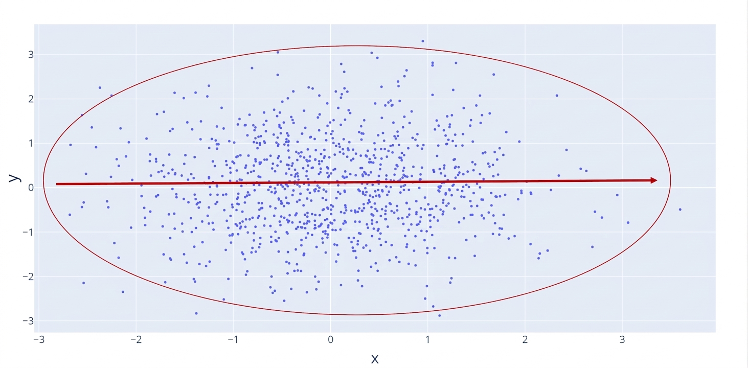 กราฟ scatter plot ที่มีเส้นสีแดงแสดงว่าแทบไม่มีความสัมพันธ์ วงกลมสีแดงไฮไลต์จุดข้อมูลที่กระจายตัวมาก แสดงถึงความสัมพันธ์ที่อ่อนแอ