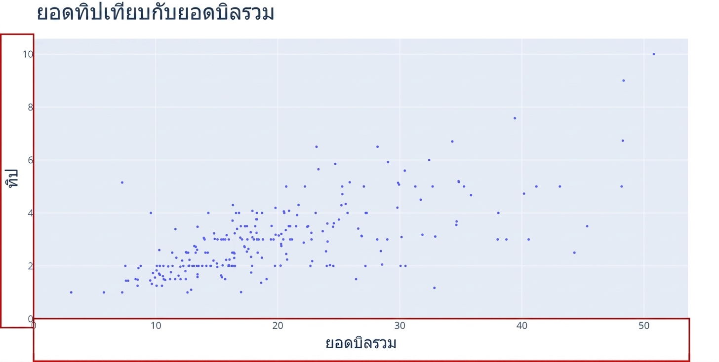 กราฟ scatter plot ที่แสดง "Total Bill" บนแกน x และ "Tip" บนแกน y โดยมีกรอบสีแดงไฮไลต์แกน x และแกน y