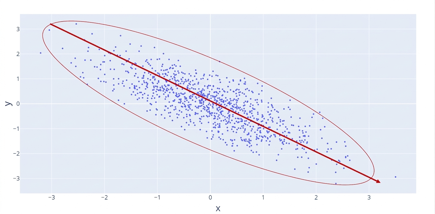 กราฟ scatter plot ที่มีเส้นสีแดงแสดงความสัมพันธ์เชิงลบที่ลดลง วงกลมสีแดงไฮไลต์จุดข้อมูลที่กระจุกตัวกันอย่างหนาแน่น
