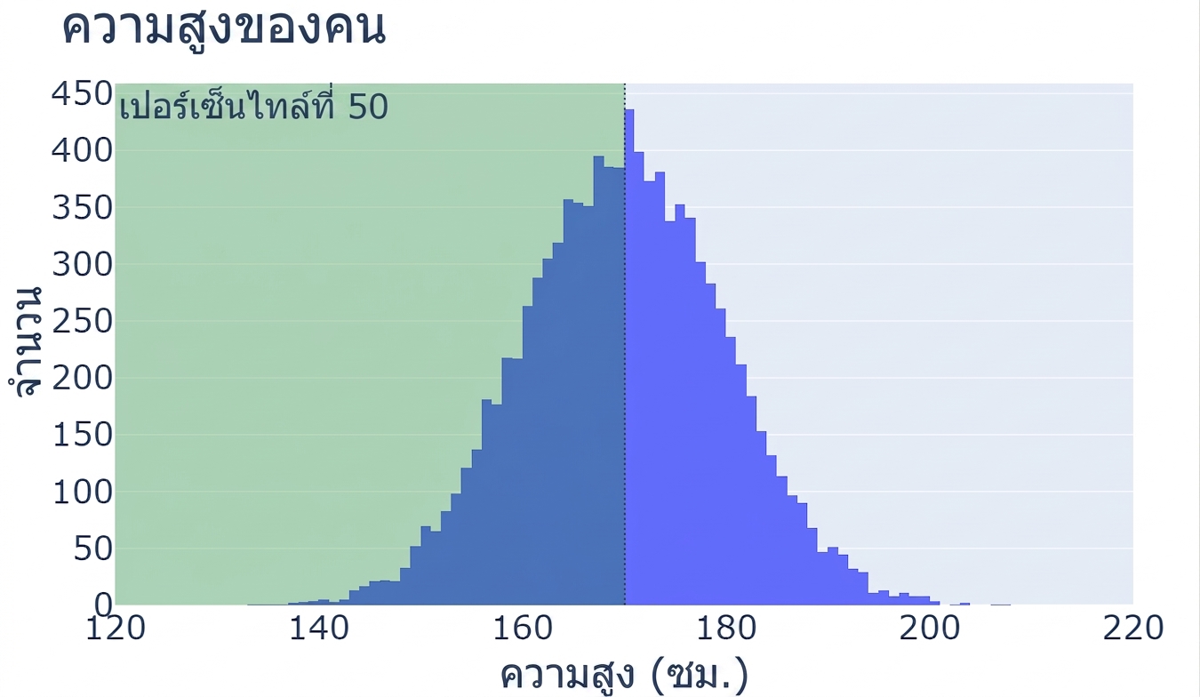 ฮิสโตแกรมแสดงส่วนสูงของผู้คน แกน x คือค่าส่วนสูง แกน y คือจำนวนการสังเกต มีพื้นที่แรเงาสีเขียวจากตรงกลางไปทางซ้าย แสดงถึงเปอร์เซ็นไทล์ที่ 50