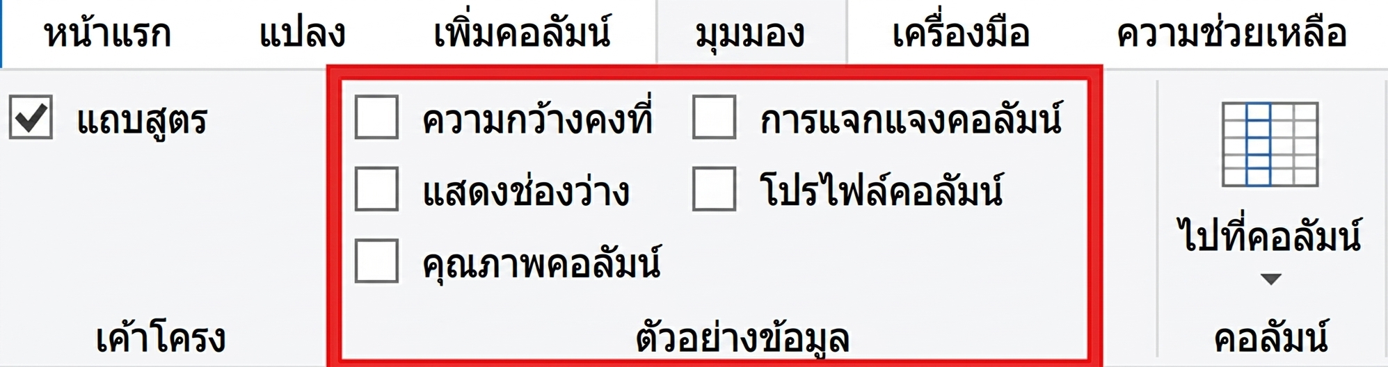 ภาพหน้าจอ Power Query แสดง View ribbon และไฮไลต์ฟีเจอร์ดูตัวอย่างข้อมูล