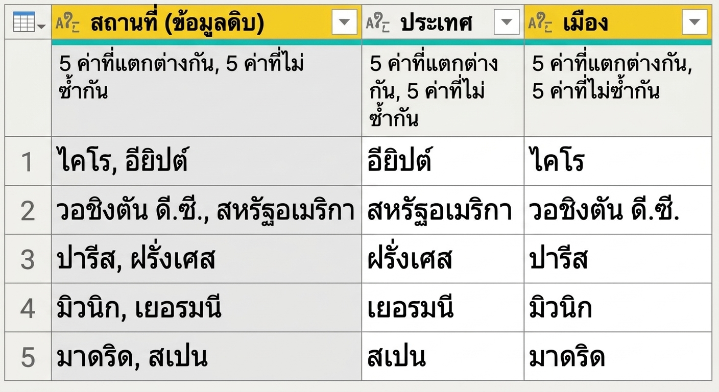 ภาพหน้าจอ Power Query แสดงตารางสามคอลัมน์ คอลัมน์หนึ่งมีข้อมูลหลายรายการ และอีกสองคอลัมน์ที่แยกออกมา แต่ละคอลัมน์แสดงข้อมูลหนึ่งรายการ