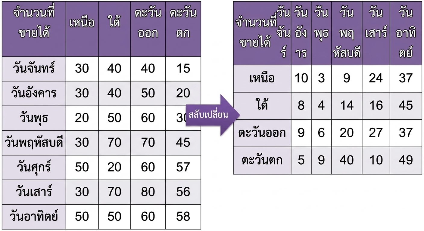 ตารางที่มีชื่อวันเป็นคอลัมน์แรก และจำนวนหน่วยที่ขายได้ในแต่ละภูมิภาค ได้แก่ North, South, East และ West เป็นคอลัมน์อื่น หลังจาก Transpose แล้ว North, South, East และ West จะกลายเป็นคอลัมน์แรก โดยมีจำนวนหน่วยที่ขายต่อวันเป็นคอลัมน์อื่น