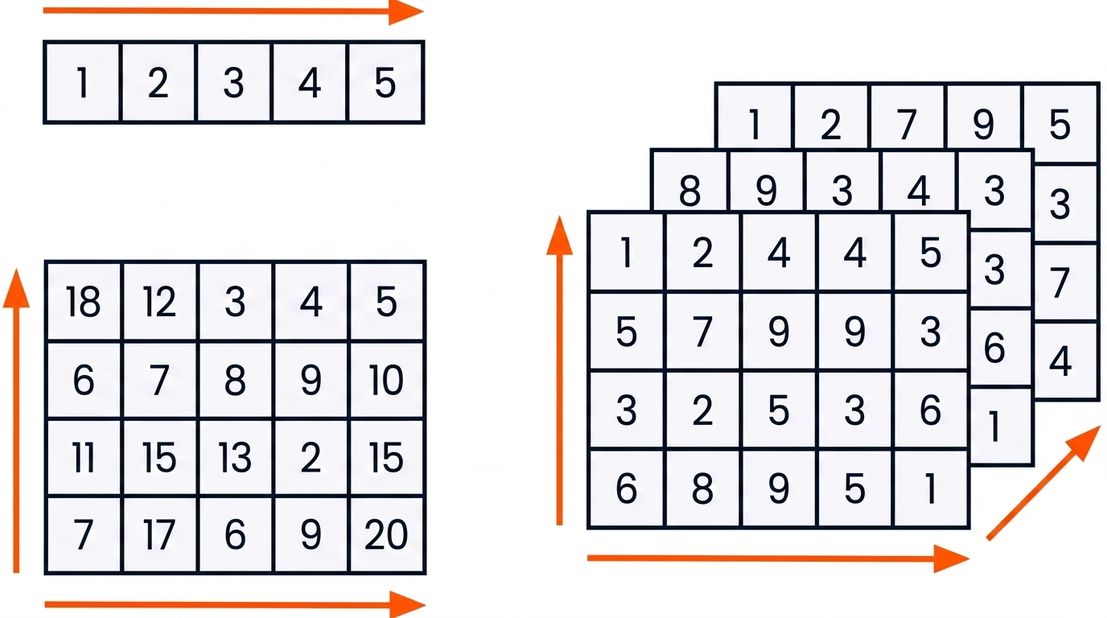 กราฟิกแสดง arrays แบบ 1D, 2D และ 3D