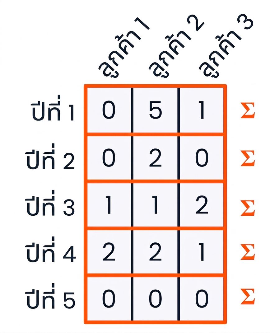 กราฟิกที่ไฮไลต์แต่ละแถวพร้อมสัญลักษณ์ผลรวมทางขวาของแต่ละแถว เพื่อแสดงว่าอาร์เรย์ถูกหาผลรวมตามแนวแถว