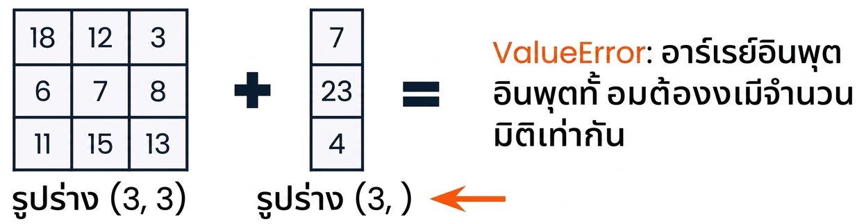 อาร์เรย์ 3x3 และอาร์เรย์ 1D สามสมาชิกที่มิติไม่ตรงกันและเกิด ValueError