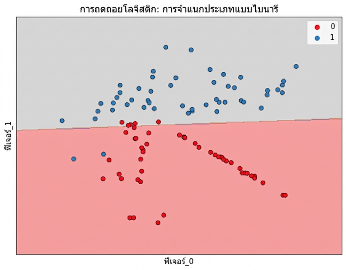 กราฟกระจายของ feature1 กับ feature2 พร้อมเส้นขอบเขตการตัดสินใจแบบเส้นตรงสำหรับทำนายการเลิกใช้บริการ