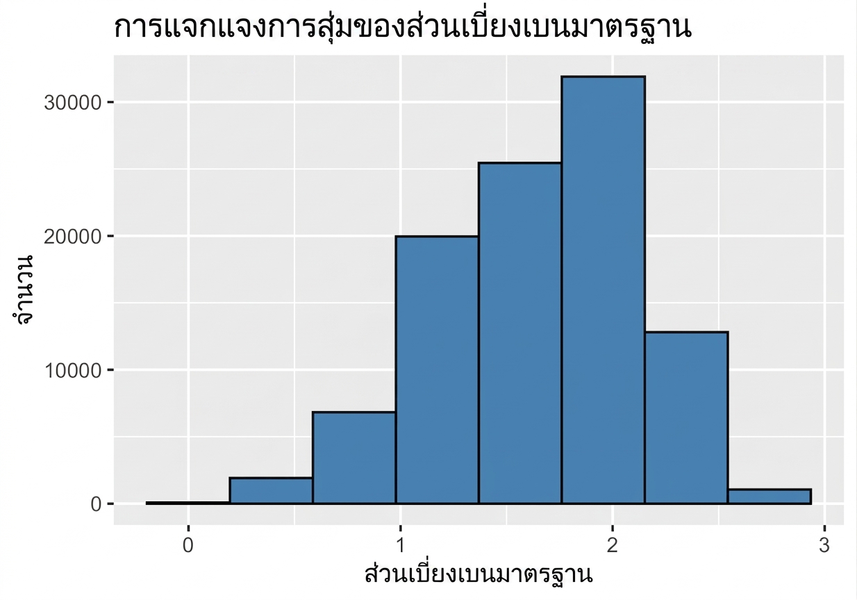 ฮิสโทแกรมของส่วนเบี่ยงเบนมาตรฐานของตัวอย่าง 100,000 ค่า