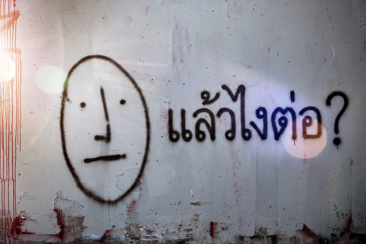 ภาพกราฟิตีบนกำแพงที่ถามว่า what now