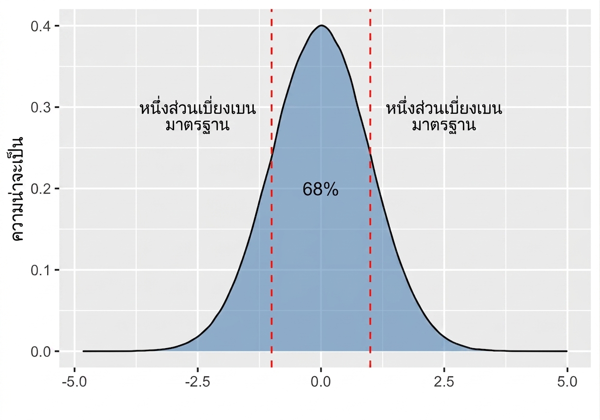 การแจกแจงปกติพร้อมแสดงพื้นที่ระหว่างบวกลบหนึ่งส่วนเบี่ยงเบนมาตรฐาน คิดเป็น 68 เปอร์เซ็นต์