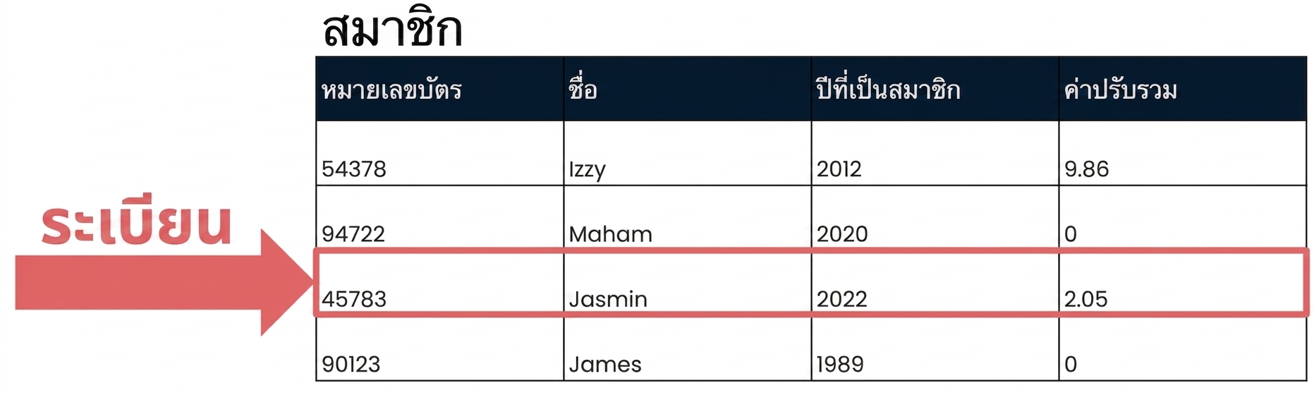 ตาราง patrons พร้อมไฮไลต์ record เดียว