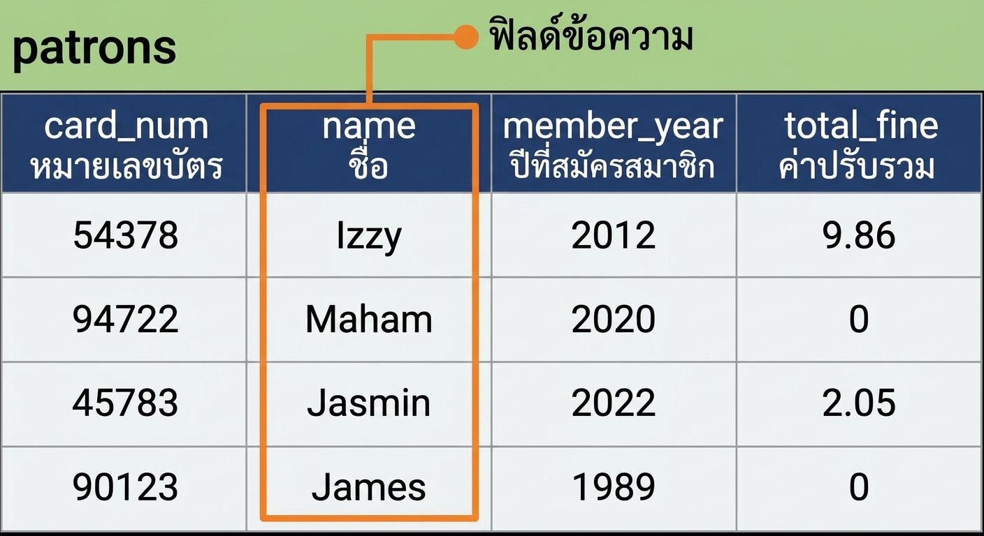 ตาราง patrons ที่มีการไฮไลต์ฟิลด์ name เป็นตัวอย่างของฟิลด์ชนิดสตริง
