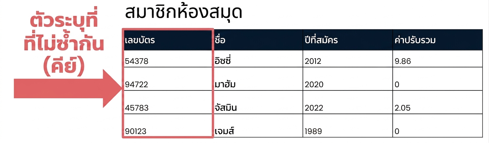 ตาราง patrons พร้อมระบุ field id เป็น unique identifier