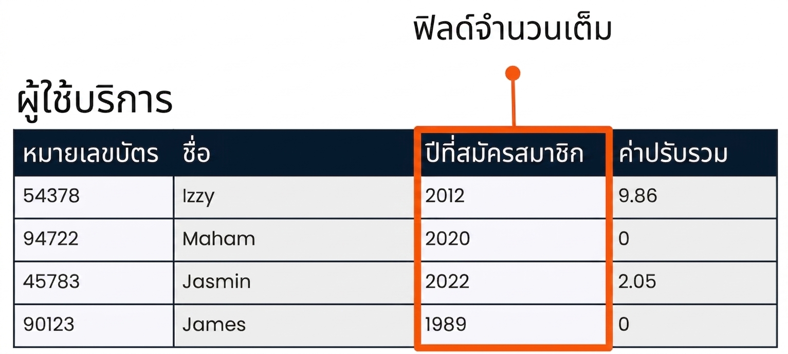 ตาราง patrons ที่มีการไฮไลต์ฟิลด์ member_year เป็นตัวอย่างของฟิลด์ชนิดจำนวนเต็ม