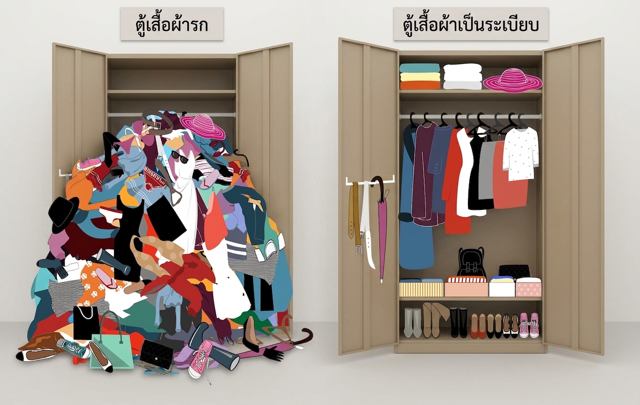 ภาพแสดงตู้เสื้อผ้าสองใบวางเคียงกัน ด้านซ้ายมีเสื้อผ้ากองรกรุงรัง ด้านขวาจัดเสื้อผ้าเป็นระเบียบเรียบร้อย