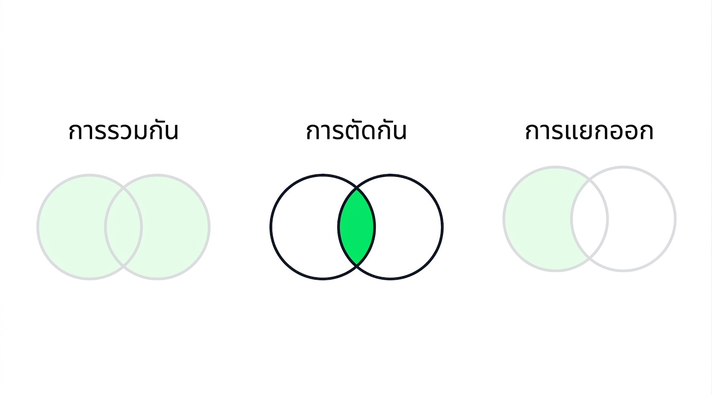 ภาพแสดง Venn diagram สามแบบ โดยมีสองแบบจางลง และมีเพียง INTERSECT ที่ชัดเจน ซึ่งแสดงวงกลมสองวงทับซ้อนกัน โดยส่วนที่ทับซ้อนกันมีสีเขียว