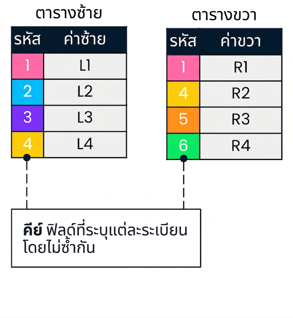 ไดอะแกรมแสดงสองตาราง: ตารางซ้ายและตารางขวา ค่า id ที่ตรงกันในทั้งสองตารางแสดงด้วยสีเดียวกัน