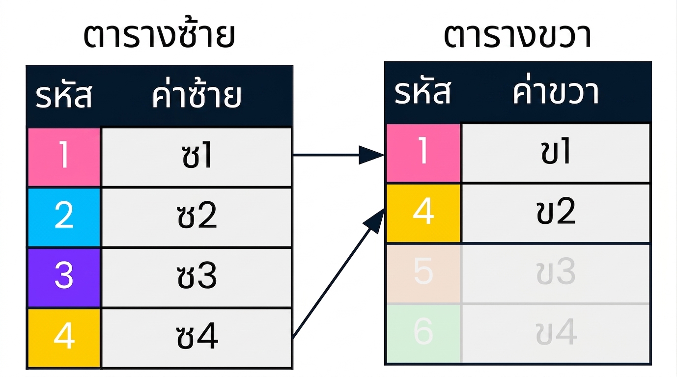 ไดอะแกรมแสดงตารางสองตาราง คือ left table และ right table โดยมีลูกศรชี้ไปยังเรกคอร์ดที่ตรงกันในคอลัมน์ id ของทั้งสองตาราง เรกคอร์ดที่ไม่เกี่ยวข้องกับ left join จะถูกทำให้จางลง