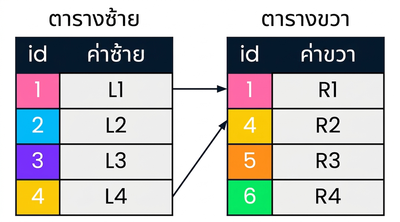 ไดอะแกรมแสดงสองตาราง: left_table และ right_table ค่า id ที่ตรงกันแสดงด้วยสีเดียวกันและเชื่อมกันด้วยลูกศร