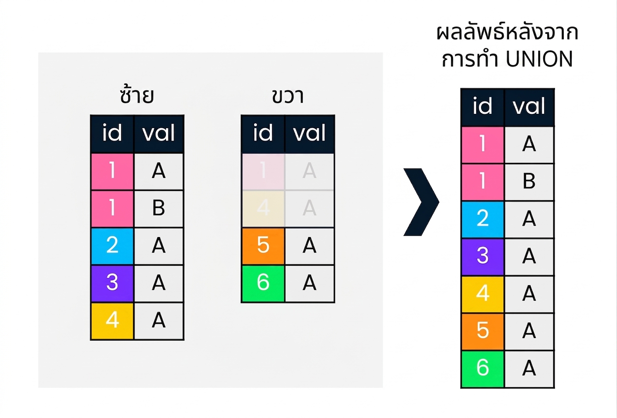 ไดอะแกรมแสดงตารางซ้ายและขวา ด้านขวาของไดอะแกรมแสดงผลลัพธ์เมื่อใช้ UNION กับตารางทั้งสอง