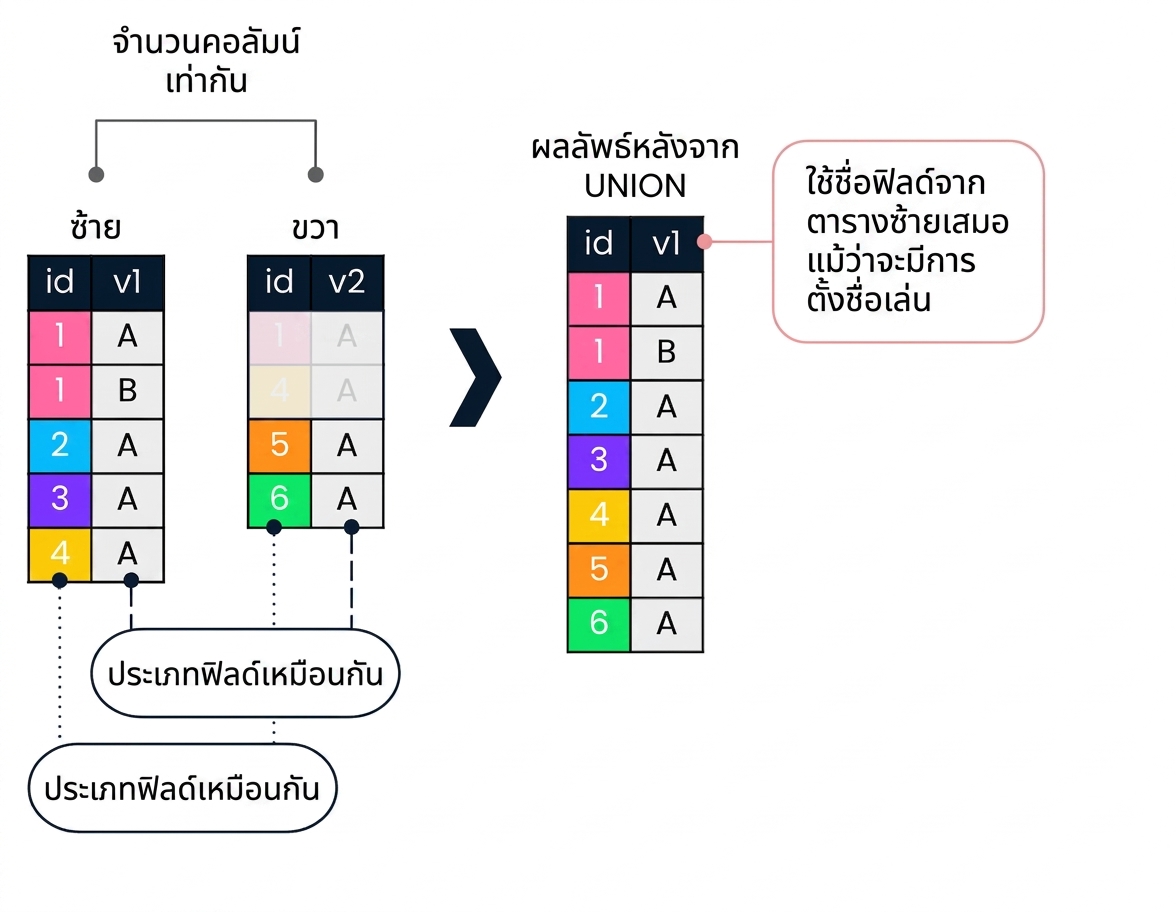 ไดอะแกรมแสดงตารางซ้ายและขวา ด้านขวาแสดงผลลัพธ์เมื่อใช้ UNION โดยมีลูกศรชี้ว่าตารางทั้งสองต้องมีจำนวนคอลัมน์และประเภทฟิลด์ตรงกัน ด้านขวาแสดง result set พร้อมไฮไลต์ว่าชื่อฟิลด์มาจากตารางซ้าย แม้จะมีการตั้งชื่อแทนก็ตาม
