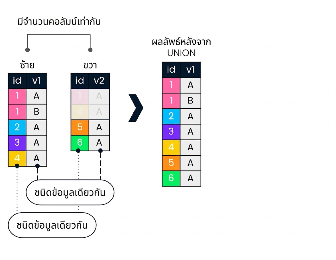 ไดอะแกรมแสดงตารางซ้ายและขวา ด้านขวาแสดงผลลัพธ์เมื่อใช้ UNION โดยมีลูกศรชี้ให้เห็นว่าตารางซ้ายและขวาต้องมีจำนวนคอลัมน์เท่ากันและประเภทฟิลด์ตรงกัน