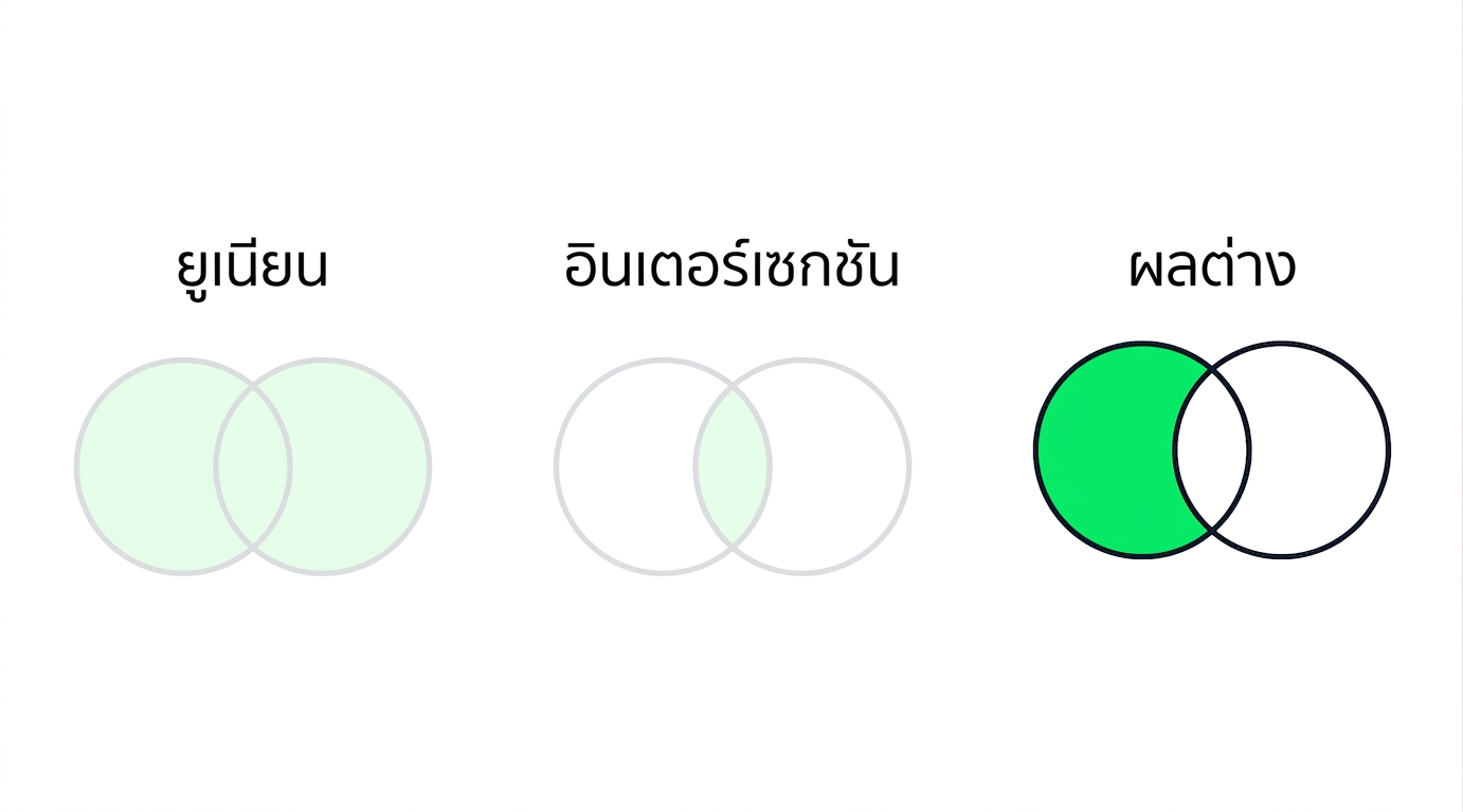 ภาพแสดง Venn diagram สามแบบ โดยสองแบบเลือนหาย มีเพียง UNION เท่านั้นที่อยู่ในโฟกัส ไดอะแกรม UNION มีวงกลมสองวงทับกัน ปกคลุมด้วยสีเขียวทั้งหมด