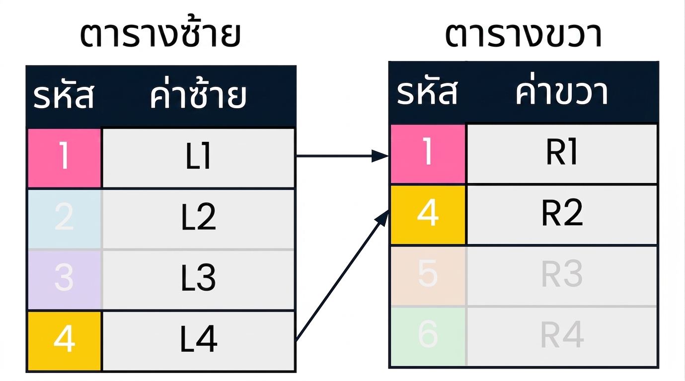 ไดอะแกรมแสดงสองตาราง: left_table และ right_table ค่า id ที่ตรงกันแสดงด้วยสีเดียวกันและเชื่อมกันด้วยลูกศร ระเบียนที่ไม่เกี่ยวข้องกับ INNER JOIN ถูกทำให้จางลง