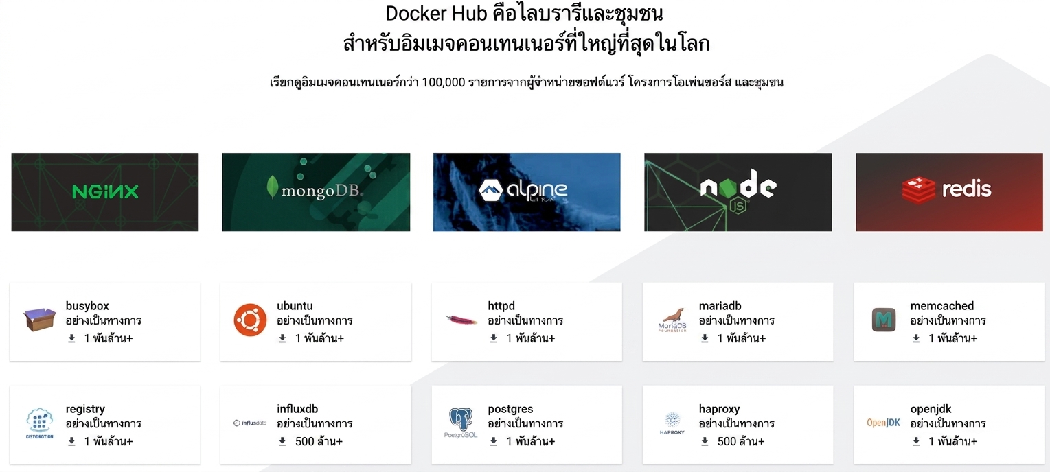 Docker Hub คือแหล่งรวมและชุมชน container image ที่ใหญ่ที่สุดในโลก มี image มากกว่า 100,000 รายการจากผู้ให้บริการซอฟต์แวร์ โปรเจกต์โอเพนซอร์ส และชุมชน ตัวอย่าง image ที่ถูกดาวน์โหลดมากที่สุด ได้แก่ Nginx, mongoDB, alpine linux, nodejs, redis, busybox และอื่นๆ อีกมาก