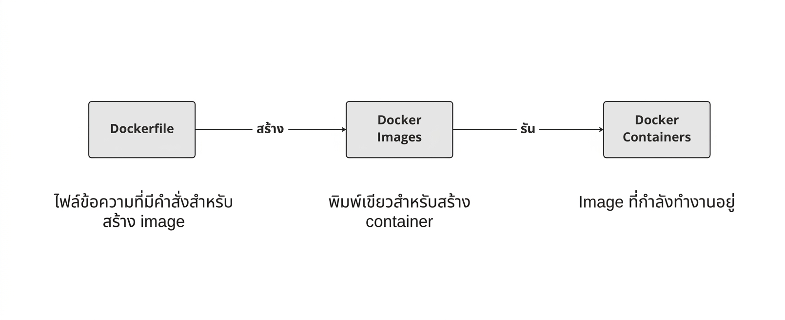Dockerfile ถูก build เพื่อสร้าง Docker Image ซึ่งเมื่อรันจะสร้าง container