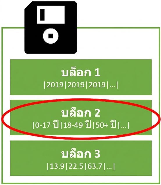 ภาพสัญลักษณ์ของฮาร์ดดิสก์ที่มีหลายบล็อกสำหรับจัดเก็บข้อมูล โดยแต่ละบล็อกเก็บข้อมูลหนึ่งคอลัมน์