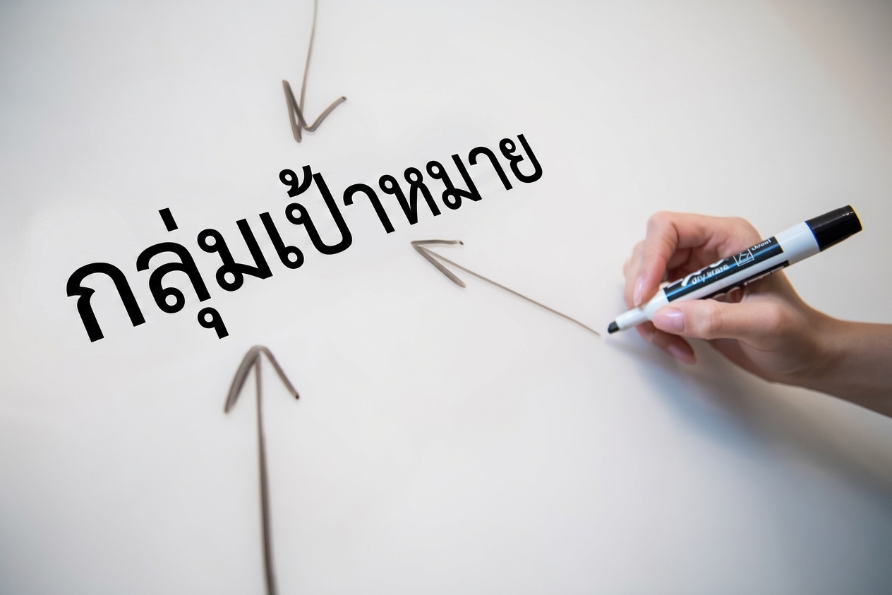 คำว่า audience เขียนบนไวท์บอร์ดพร้อมลูกศรชี้เข้าหา