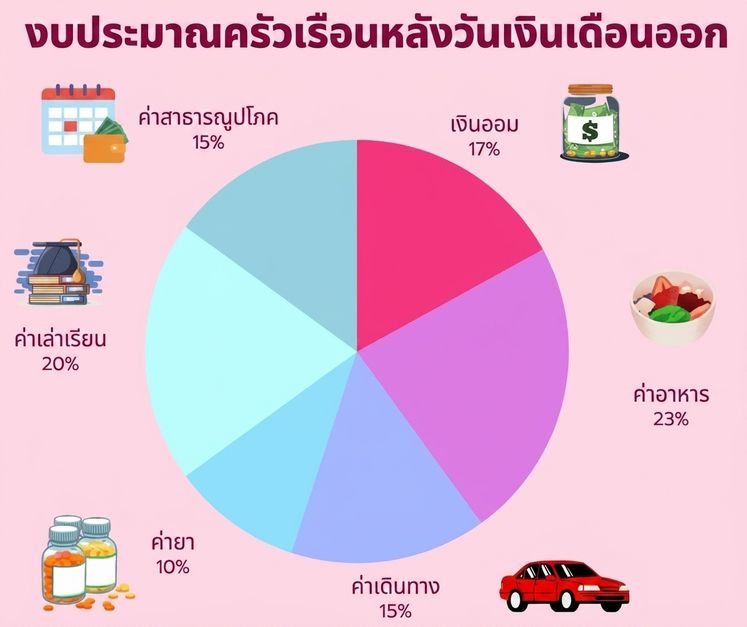 พายชาร์ตแสดงสัดส่วนงบประมาณในแต่ละวันของครัวเรือน