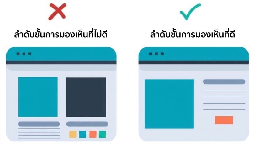 แสดงลำดับชั้นภาพที่ไม่ดีซึ่งเว็บไซต์เต็มไปด้วยองค์ประกอบไม่มีความสำคัญสัมพัทธ์ เทียบกับลำดับชั้นภาพที่ดีซึ่งใช้สี ขนาด และตำแหน่งเชิงพื้นที่ช่วยให้เข้าใจได้ง่าย