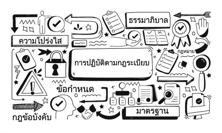 ภาพแสดงคำว่า compliance ล้อมรอบด้วยวัตถุและคำต่างๆ เช่น governance, requirements และ regulations