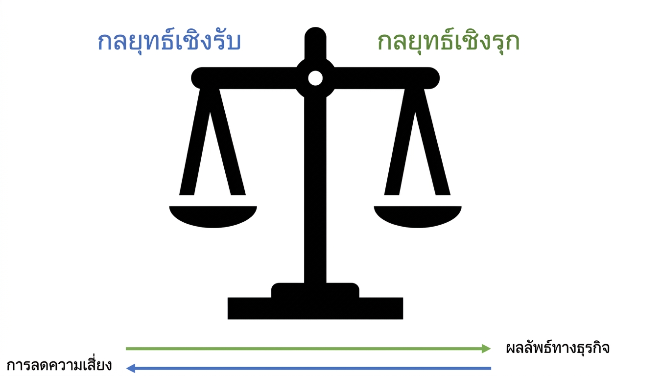 แผนภาพแสดงกลยุทธ์เชิงรับและเชิงรุก โดยมีความสมดุลอยู่ตรงกลาง