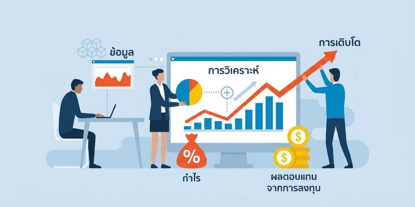 ภาพทีมธุรกิจวิเคราะห์ข้อมูลและเห็นผลการดำเนินงานทางการเงินที่ดีขึ้น