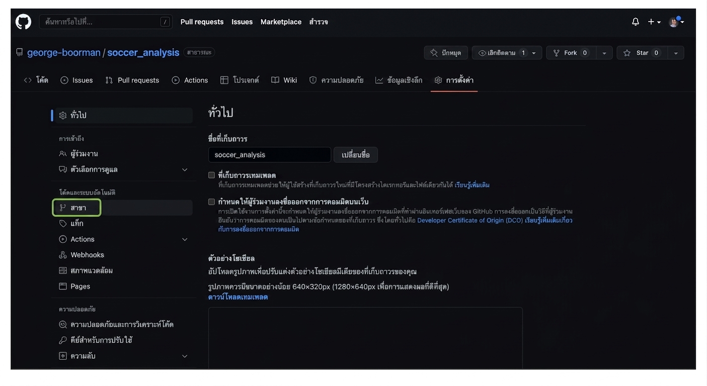 ส่วน branches ในแท็บ Settings