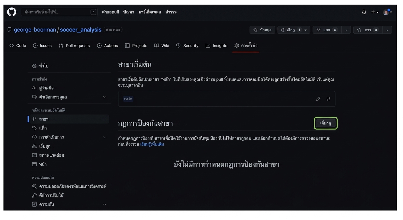 ส่วน branches ในแท็บ Settings แสดง Default branch เป็น main และส่วนสำหรับเพิ่มกฎการป้องกัน branch