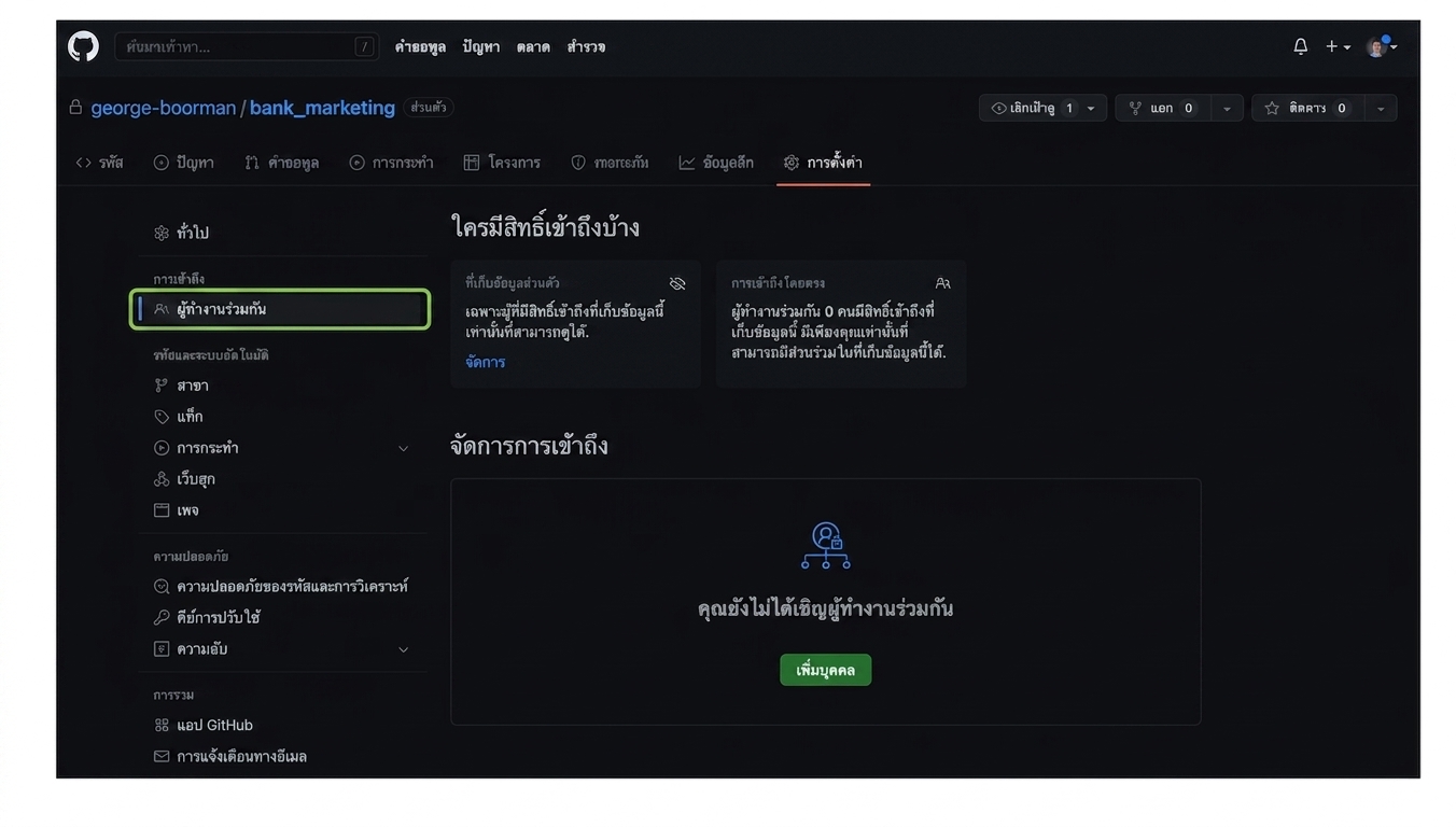 หน้า Collaborators ในแท็บ Settings แสดงรายชื่อผู้ที่มีสิทธิ์เข้าถึง