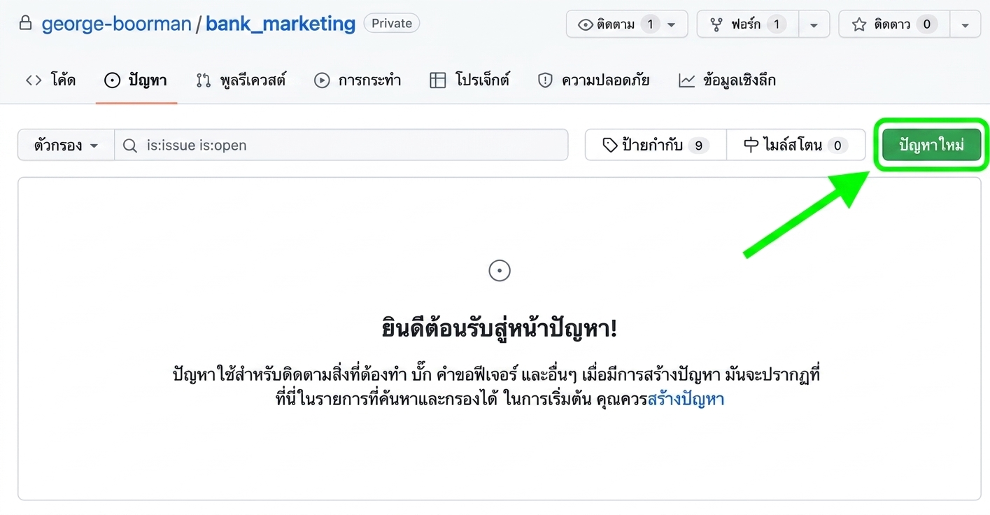 หน้า Issues โดยไฮไลต์ปุ่ม New issue