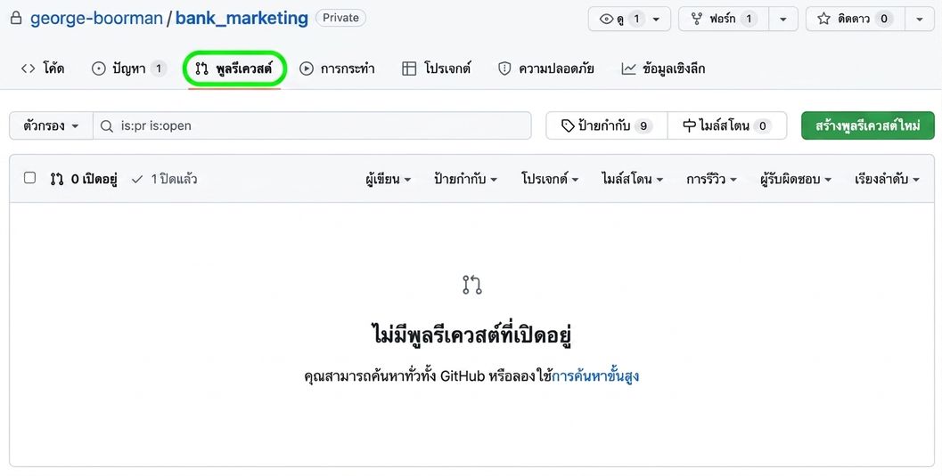 มุมมองแท็บ Pull requests