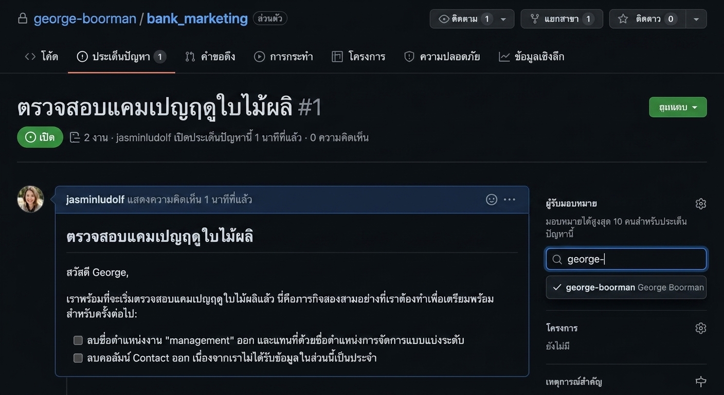 มุมมอง Issue ที่เสร็จสมบูรณ์พร้อมเมนูตัวเลือกการมอบหมายที่เปิดอยู่