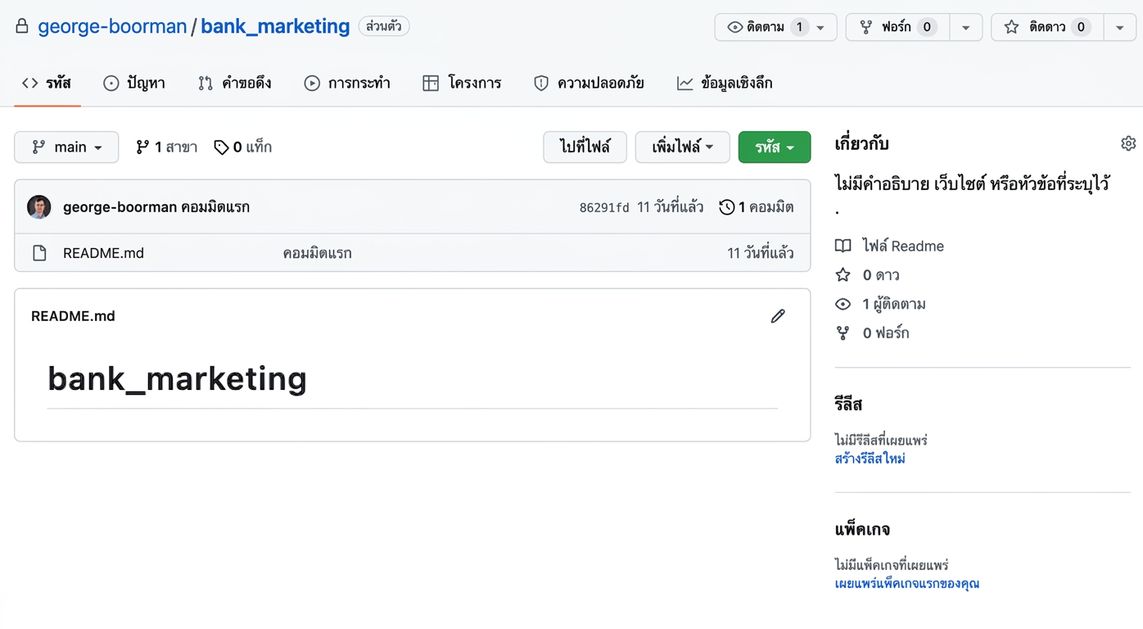 ภาพหน้าจอมุมมองหลักของ private repo สำหรับ bank marketing ที่เป็นของ George Boorman