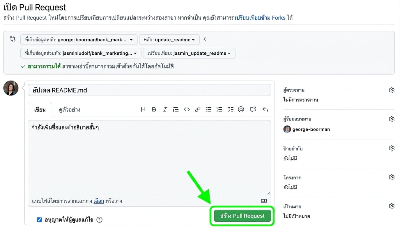 มุมมองสำหรับเปิด pull request โดยไฮไลต์ปุ่ม create pull request