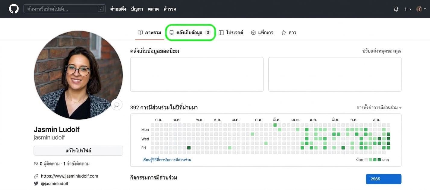 ภาพหน้าจอโปรไฟล์ GitHub โดยมีวงกลมสีเขียวล้อมรอบแท็บ repositories