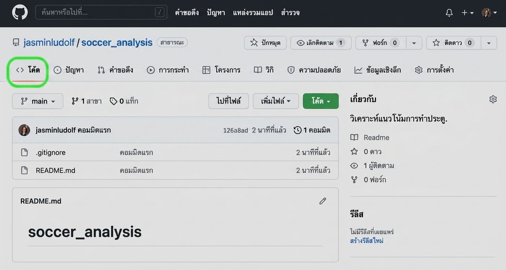 มุมมอง repo การวิเคราะห์ฟุตบอล โดยไฮไลต์แท็บ Code